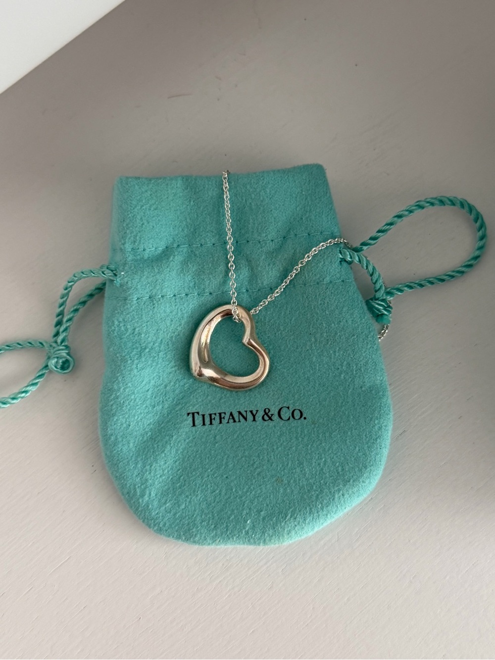 Tiffany & Co. Silver Open Heart Pendant Necklace on Tiffany Blue Pouch